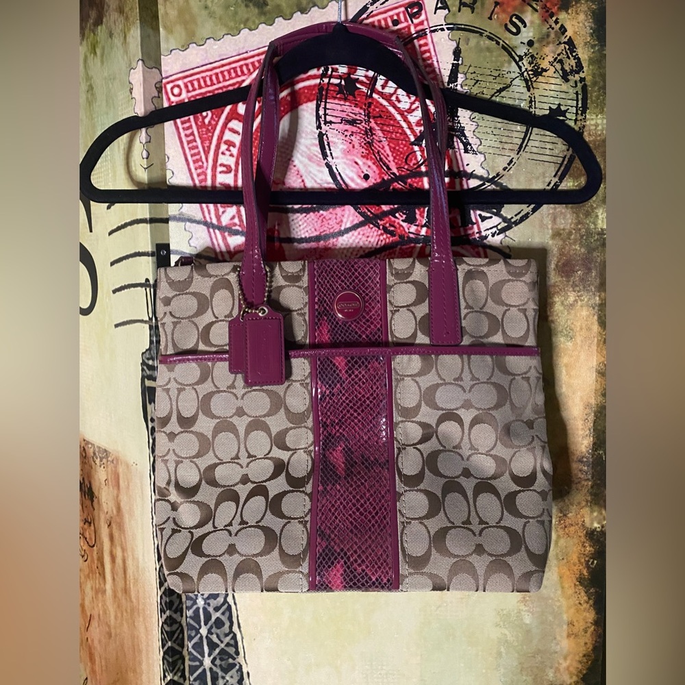 Coach purse with burgundy snake print trim